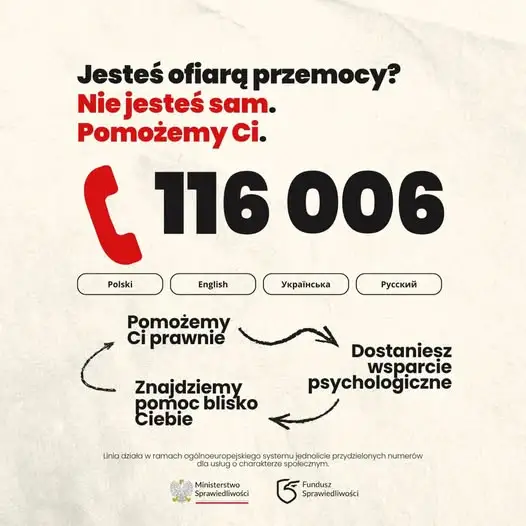 Ogólnopolska linia pomocy dla ofiar przemocy 116 006 – nie jesteś sam